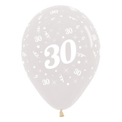 Pack of 25 crystal clear latex balloons featuring a jeweled age 30 print, perfect for 30th birthday celebrations.