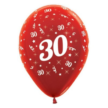 Set of 25 red metallic pearl balloons featuring 'Age 30', ideal for birthday celebrations and festive decor.
