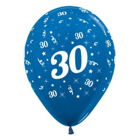 Pack of 25 blue metallic pearl balloons for celebrating age 30, perfect for elegant party décor and stylish displays.