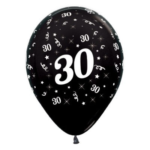 Pack of 25 black metallic pearl balloons for 30th birthday celebrations, elegant design perfect for any party decor.