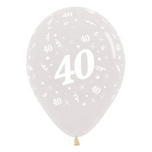 Pack of 25 crystal clear latex balloons celebrating age 40 with vibrant jewel tones, perfect for elegant birthday parties.