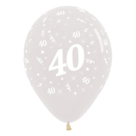 Pack of 25 crystal clear latex balloons celebrating age 40 with vibrant jewel tones, perfect for elegant birthday parties.