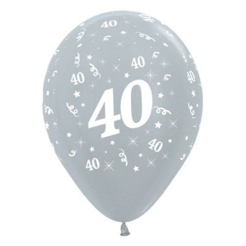 Pack of 25 silver metallic pearl latex balloons celebrating age 40, perfect for elegant birthday and milestone events.