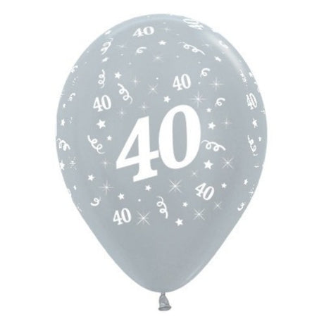 Pack of 25 silver metallic pearl latex balloons celebrating age 40, perfect for elegant birthday and milestone events.