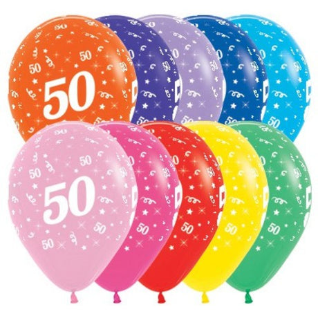 Vibrant 50th birthday balloons assortment, perfect for celebrating with style and elegance at any event. Pack of 25.