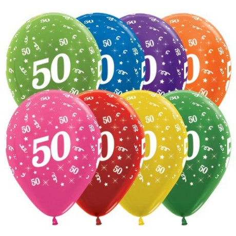 Assorted metallic latex balloons for age 50, 30cm, pack of 25 for festive celebrations.