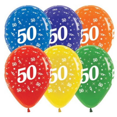 Vibrant 30cm latex balloons in jewel tones for 50th birthday celebrations, ideal for festive decor and memorable photos.