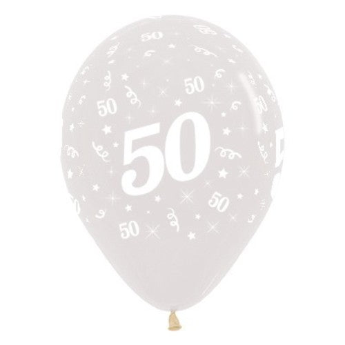 Pack of 25 Age 50 clear latex balloons, 30cm, perfect for elegant birthday celebrations and versatile decor.