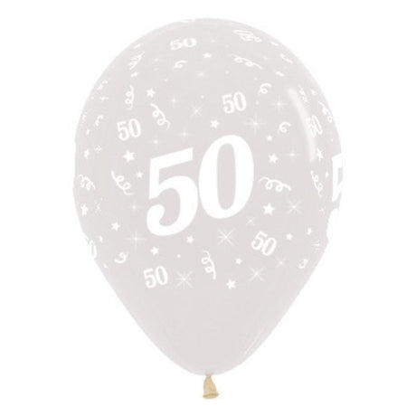 Pack of 25 Age 50 clear latex balloons, 30cm, perfect for elegant birthday celebrations and versatile decor.