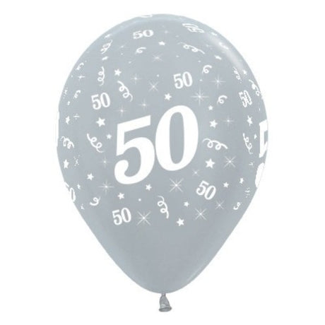 Pack of 25 silver metallic pearl balloons for 50th birthday celebrations, perfect for elegant decorations and photo backdrops.