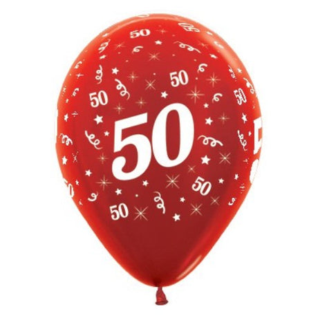 Pack of 25 vibrant red metallic pearl balloons celebrating the 50th birthday, perfect for party decor and festivities.