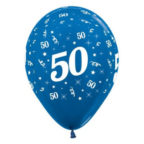 Pack of 25 blue metallic pearl balloons for Age 50 celebrations, perfect for adding elegance to any birthday event.