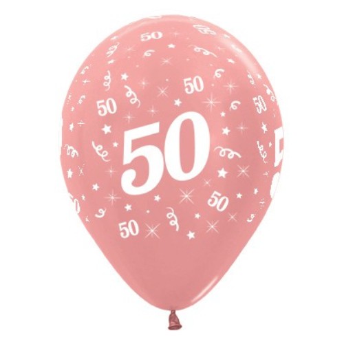 Pack of 25 elegant rose gold metallic pearl balloons celebrating Age 50, perfect for milestone birthday parties.