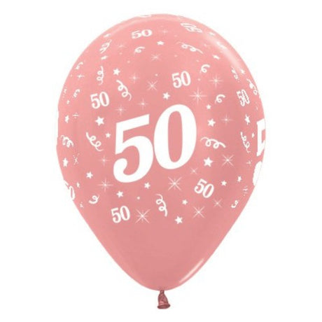 Pack of 25 elegant rose gold metallic pearl balloons celebrating Age 50, perfect for milestone birthday parties.