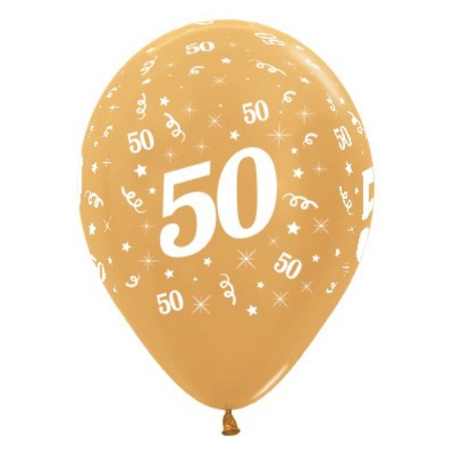 Pack of 25 gold metallic pearl balloons celebrating a 50th birthday, perfect for elegant party decorations.