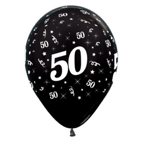 Pack of 25 black metallic pearl balloons celebrating age 50, perfect for enhancing birthday party decor.