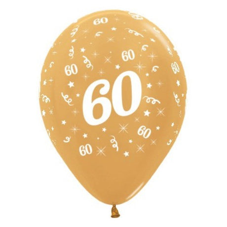 Pack of 25 gold metallic pearl balloons celebrating age 60, perfect for elegant birthday party decorations.