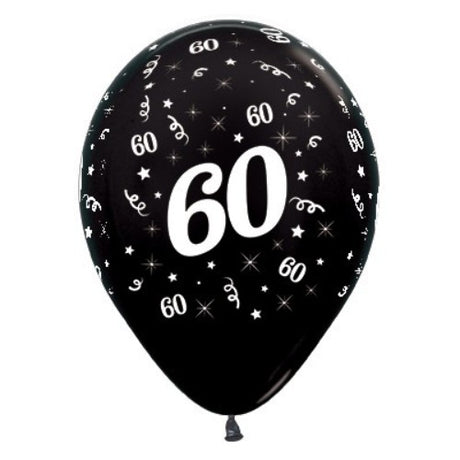 Pack of 25 black metallic pearl balloons for 60th birthday celebrations, each 30cm with a sleek, elegant finish.