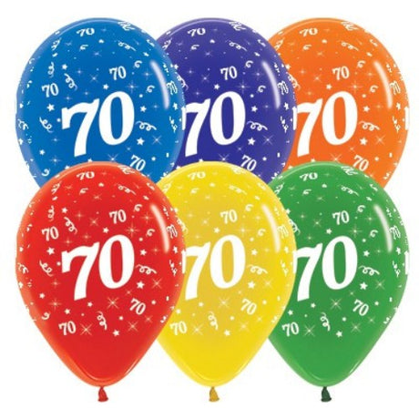 Vibrant 30cm latex balloons in jewel tones for celebrating age 70; pack of 25 adds elegance to any special occasion.