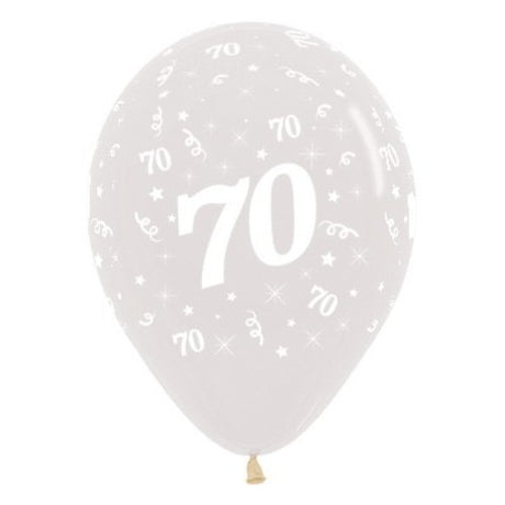 Pack of 25 elegant 30cm crystal clear balloons featuring a jewel-inspired Age 70 design for memorable birthday celebrations.