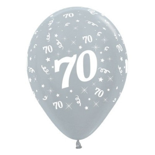 Pack of 25 silver metallic pearl balloons for 70th birthday celebrations, adding elegance and sophistication to any event.
