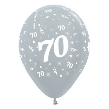Pack of 25 silver metallic pearl balloons for 70th birthday celebrations, adding elegance and sophistication to any event.
