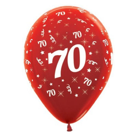 Pack of 25 red metallic pearl balloons for celebrating 70th birthdays, featuring a stylish and festive design.