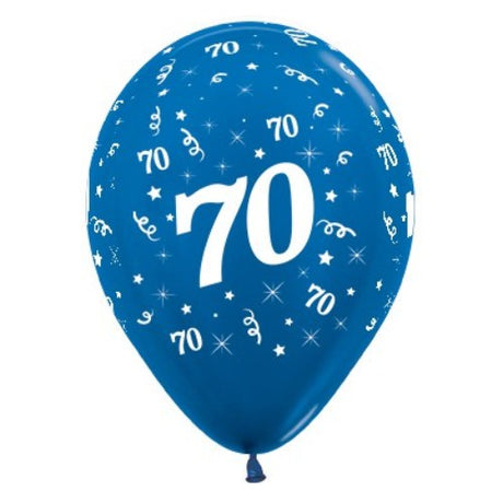 Pack of 25 30cm Blue Metallic Pearl balloons for 70th birthday celebrations, adding elegance to any party decor.