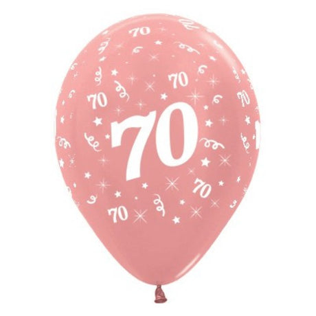 Pack of 25 elegant 30cm rose gold metallic balloons for 70th birthday celebrations and stylish decor.