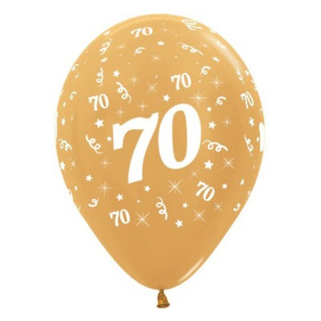 25 gold metallic pearl balloons celebrating age 70, perfect for birthday parties and special events.