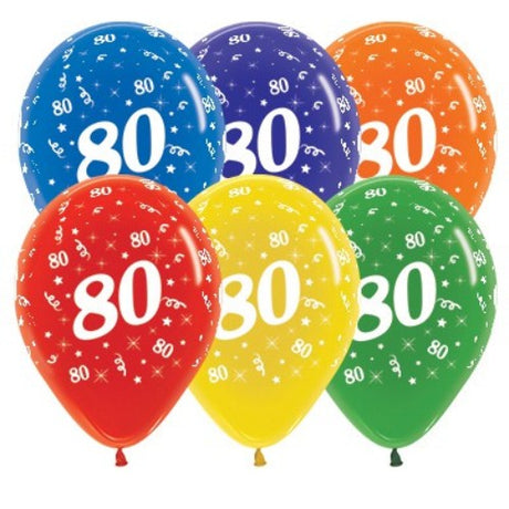 Pack of 25 elegant 30cm latex balloons with jewel crystal finish for 80th birthday celebrations.