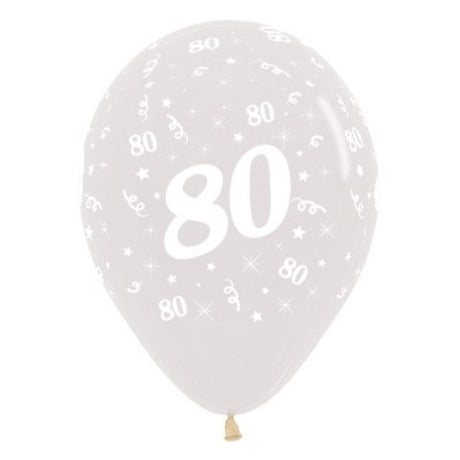 Elegant 30cm crystal clear balloons featuring '80' for a sophisticated 80th birthday celebration, pack of 25.