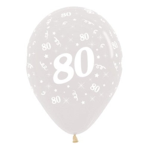 Elegant 30cm crystal clear balloons featuring '80' for a sophisticated 80th birthday celebration, pack of 25.