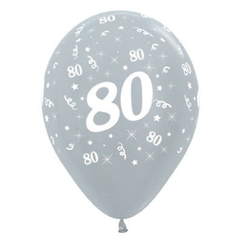 Pack of 25 silver metallic pearl balloons celebrating age 80, ideal for elegant birthday decorations and centerpieces.