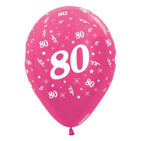 Pack of 25 fuchsia metallic pearl balloons celebrating age 80, perfect for elegant birthday decorations.