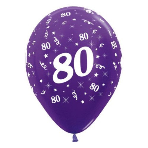 Pack of 25 purple violet metallic pearl balloons for a stylish 80th birthday celebration, each 30cm in size.