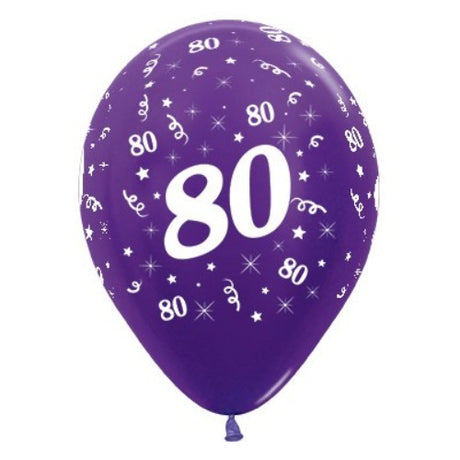 Pack of 25 purple violet metallic pearl balloons for a stylish 80th birthday celebration, each 30cm in size.