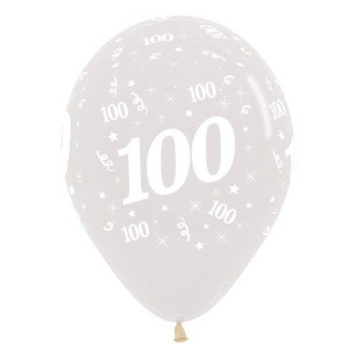 Pack of 25 crystal-clear latex balloons celebrating 100th birthdays with elegant '100' design, ideal for festive decor.