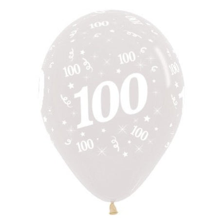 Pack of 25 crystal-clear latex balloons celebrating 100th birthdays with elegant '100' design, ideal for festive decor.
