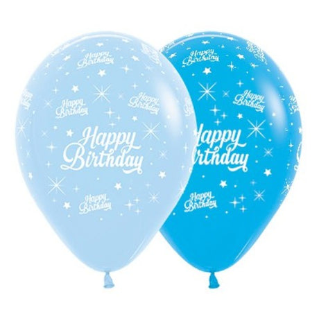 Pack of 6 blue latex balloons with twinkling stars, perfect for birthday celebrations and festive decorations.