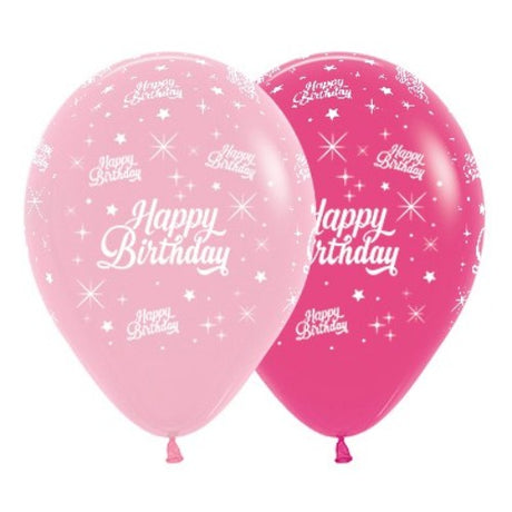 Pack of 6 pink latex balloons featuring twinkling stars, perfect for birthday celebrations and festive décor.