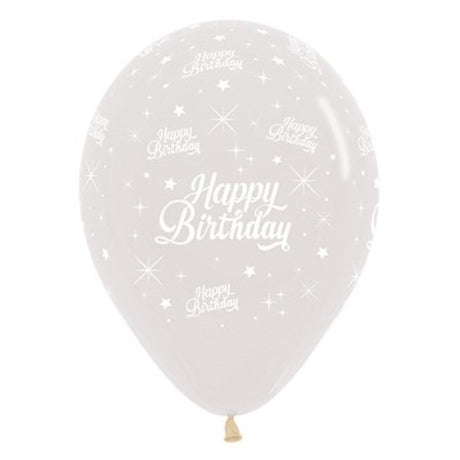 Pack of 6 crystal-clear latex balloons, perfect for adding elegance to birthday celebrations with a sparkling finish.