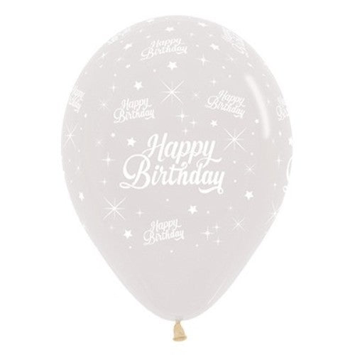 Pack of 6 crystal-clear latex balloons, perfect for adding elegance to birthday celebrations with a sparkling finish.