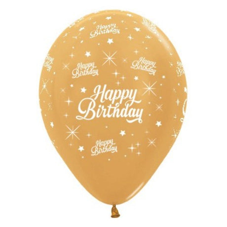Pack of 6 gold metallic balloons with twinkling stars, perfect for stylish birthday celebrations and party décor.
