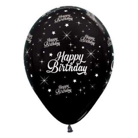 Pack of 6 black metallic birthday balloons, 30cm, perfect for elegant celebrations and versatile decoration setups.