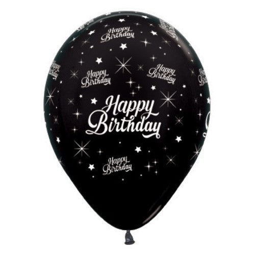 Pack of 6 black metallic birthday balloons, 30cm, perfect for elegant celebrations and versatile decoration setups.