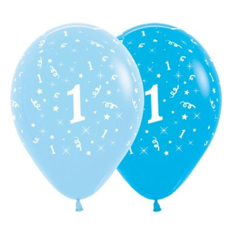 Pack of 6 vibrant blue latex balloons featuring 'Age 1' for celebrating your baby's first birthday.