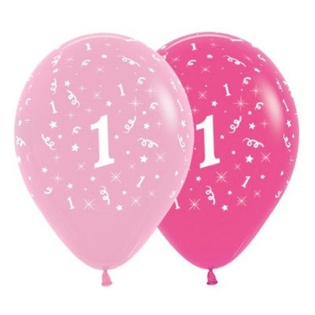 Pink latex balloons featuring the number '1', perfect for celebrating a child's first birthday, pack of 6.