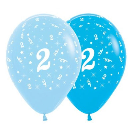 Pack of 6 vibrant blue latex balloons featuring the number 2, perfect for birthday celebrations and themed events.
