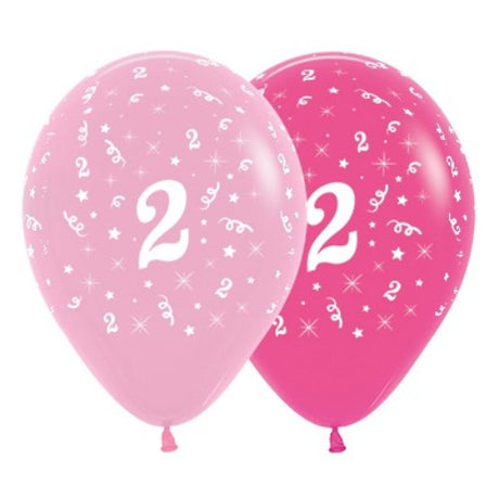 Pack of 6 pink latex balloons featuring a cheerful '2' design, perfect for celebrating a child's second birthday.